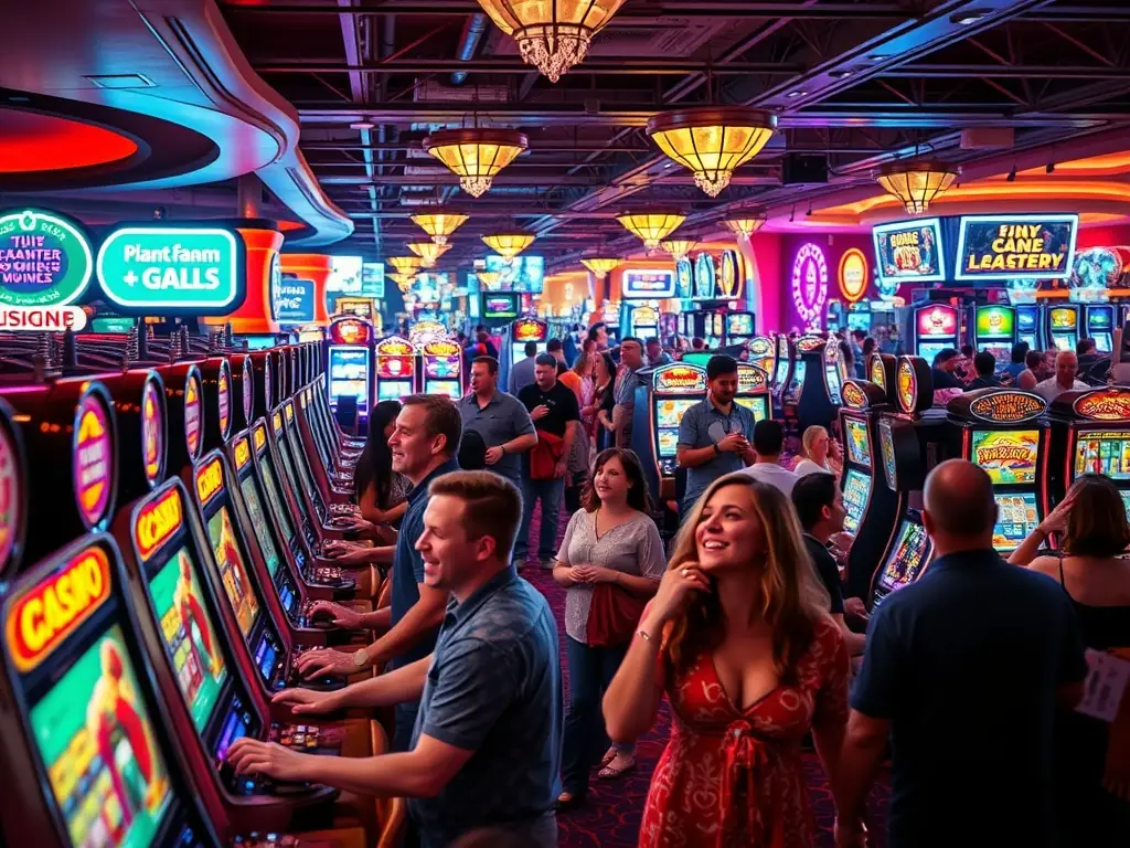 An image depicting a collection of popular casino games, such as slots, poker, and roulette, with bright lights and engaging visuals. The image should evoke the atmosphere of a real casino.